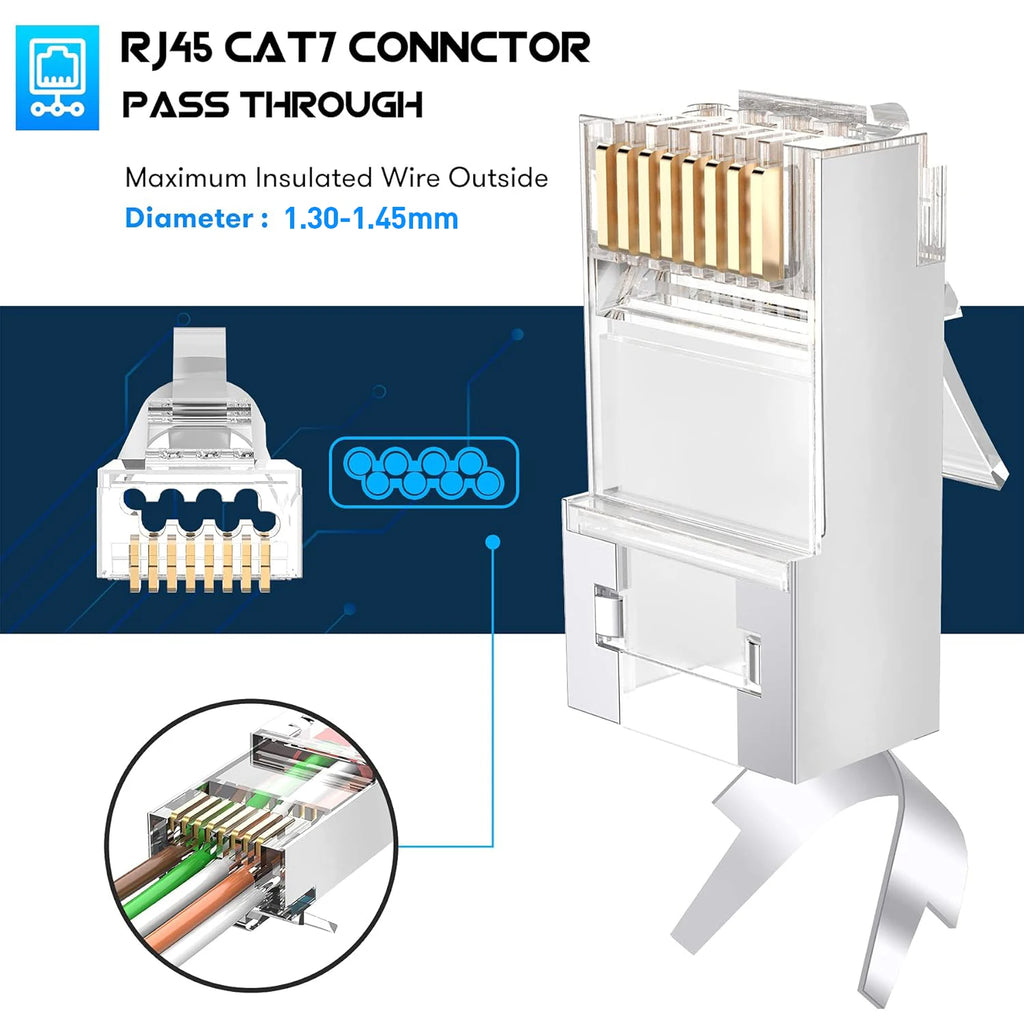 Interlink Network Accessories – Shielded Cat6A/Cat7 Pass-Through RJ45 Connectors (50-Pack, Gold-Plated)