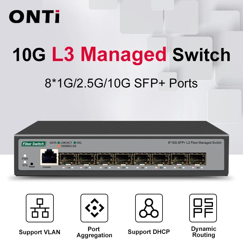 8-Port 10Gb SFP+ Layer 3 Managed Network Switch – VLAN, DHCP & Dynamic Routing