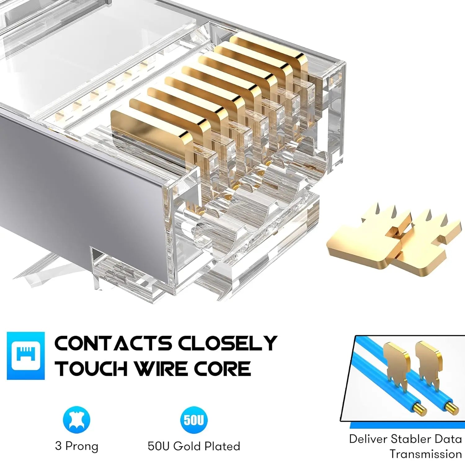 Interlink Network Accessories – Shielded Cat6A/Cat7 Pass-Through RJ45 Connectors (50-Pack, Gold-Plated)
