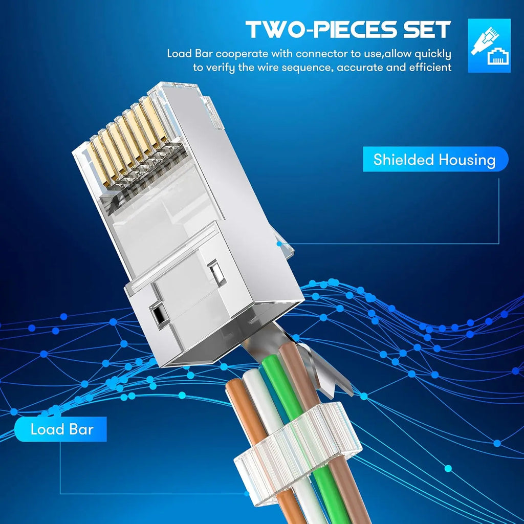Interlink Network Accessories – Shielded Cat6A/Cat7 Pass-Through RJ45 Connectors (50-Pack, Gold-Plated)