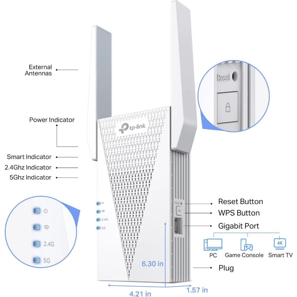 AX3000 WiFi 6 Dual-Band Range Extender – Gigabit Ethernet Signal Booster