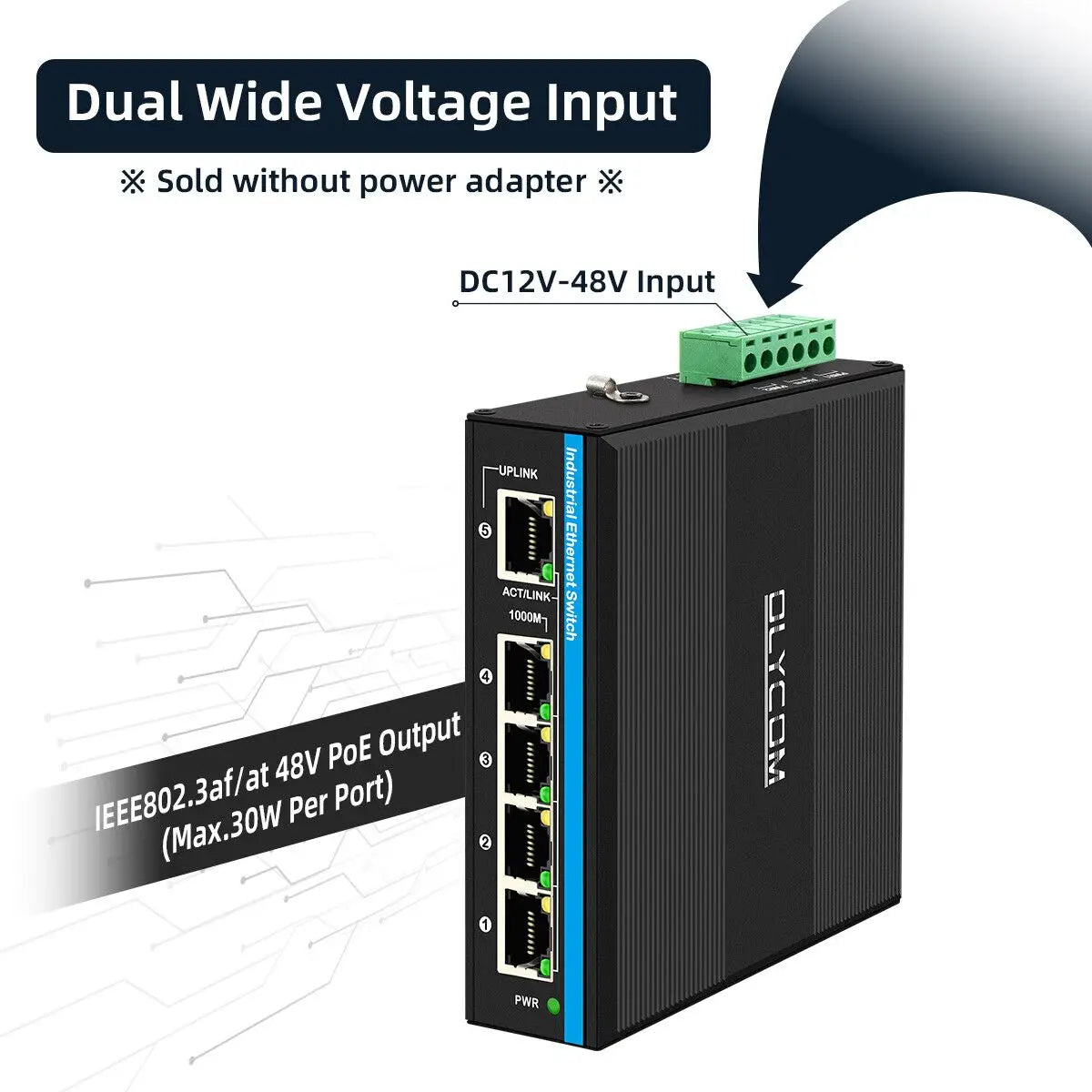 Industrial 5-Port Gigabit PoE Ethernet Switch – 12V–48V DC Input, 48V PoE Output